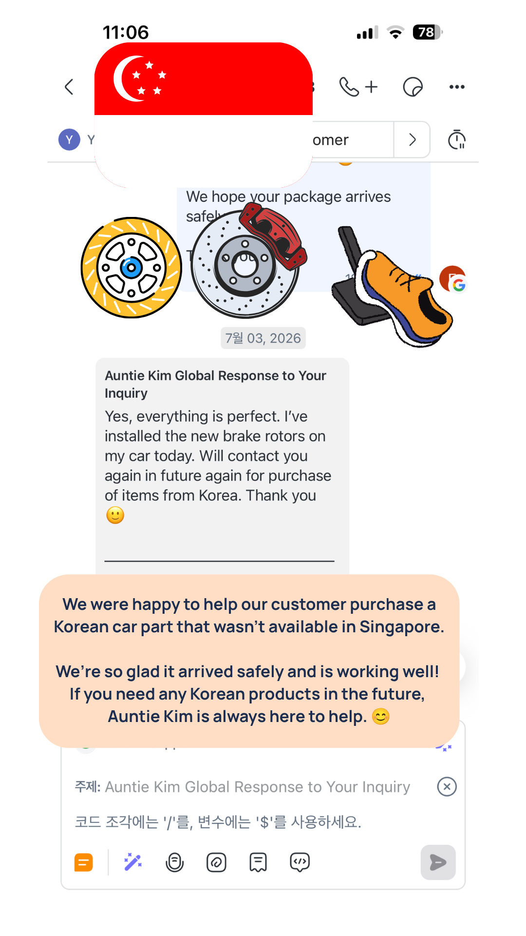 Helping a Singapore Customer Purchase Korean Brake Rotors